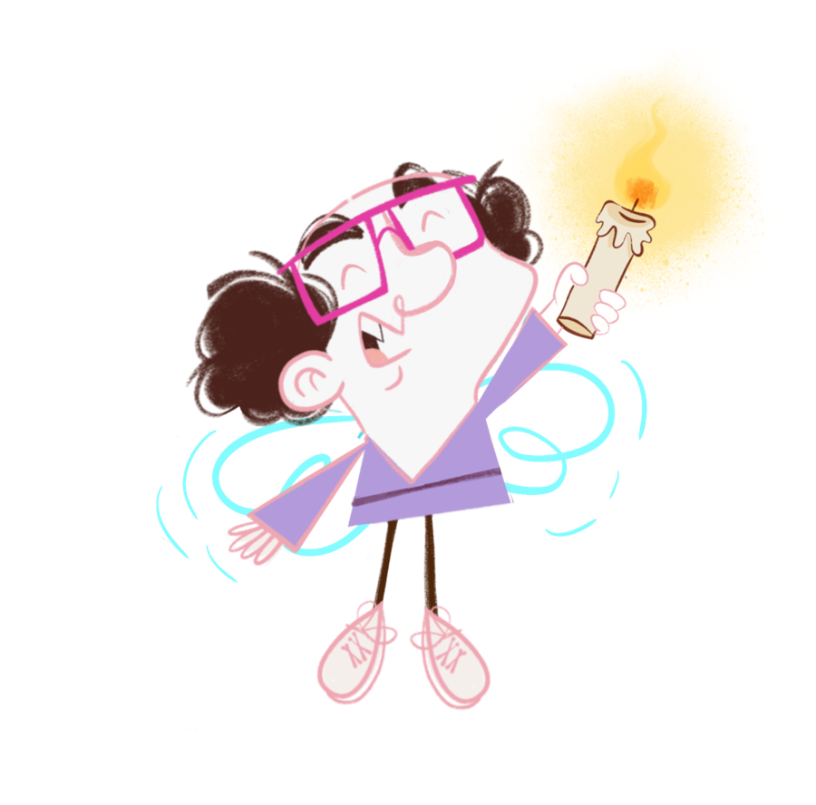 The angel in sneakers holding up a candle, pink glasses, purple shirt, tiny wings