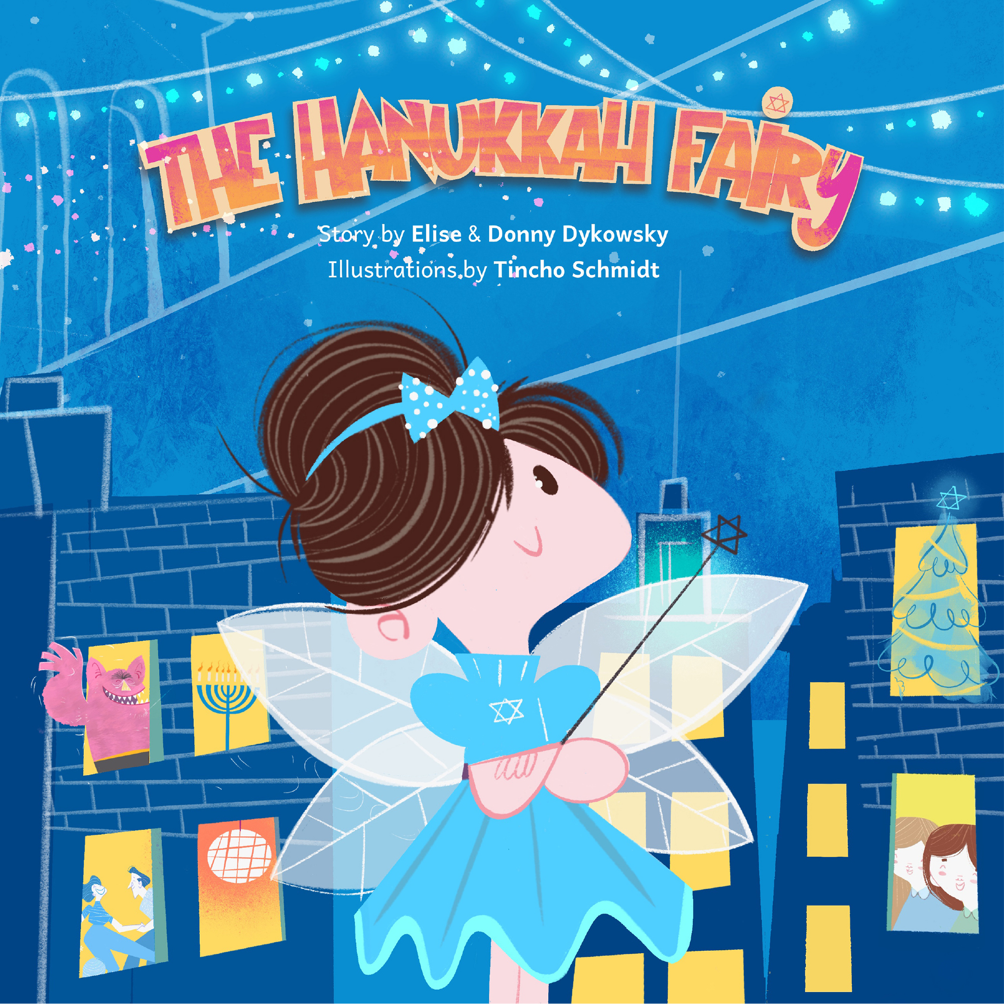 Front cover of The Hanukkah Fairy: the fairy looks up at a string of lights over a Brooklyn block at night