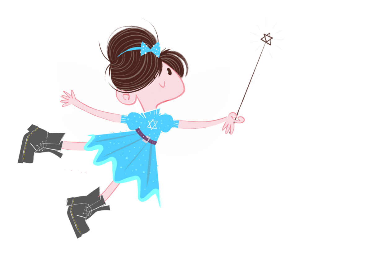 The Hanukkah Fairy flying, wand raised, in her blue Star of David dress and black boots
