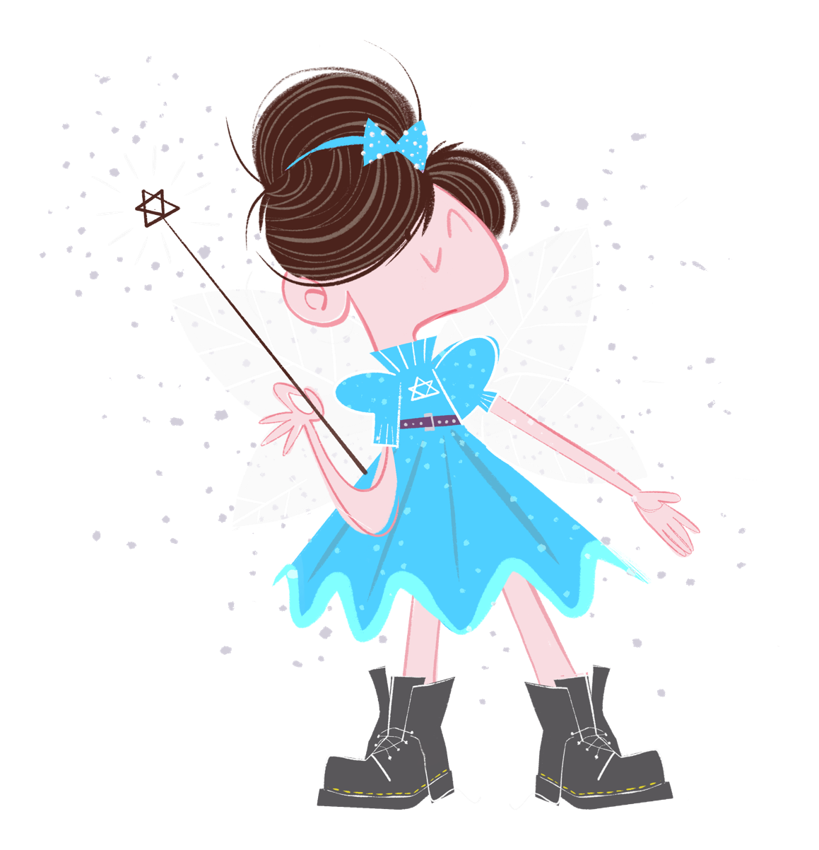 The Hanukkah Fairy pointing her star wand, sparkles flying