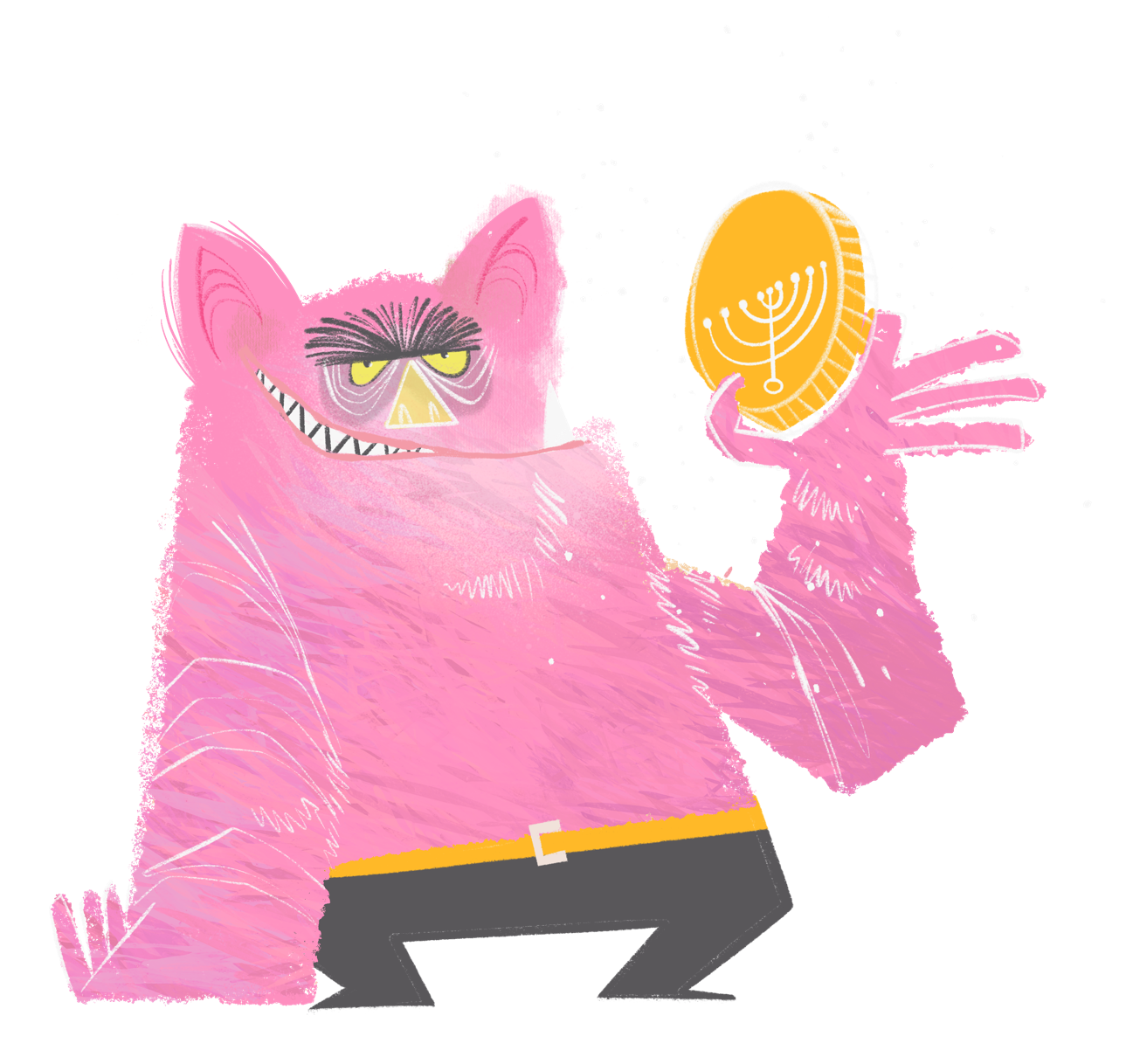 Grizzlebottom, a big pink fluffy troll with yellow eyes and a unibrow, holding a gold gelt coin