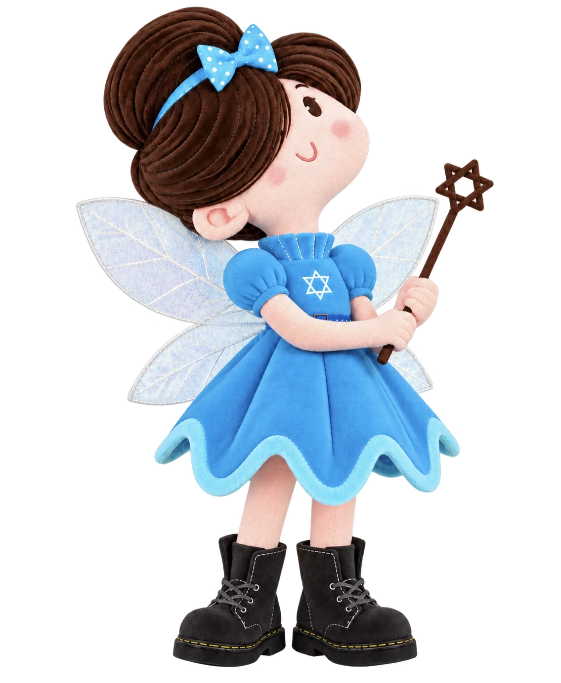 The Hanukkah Fairy doll in her blue dress and black boots, holding her star wand