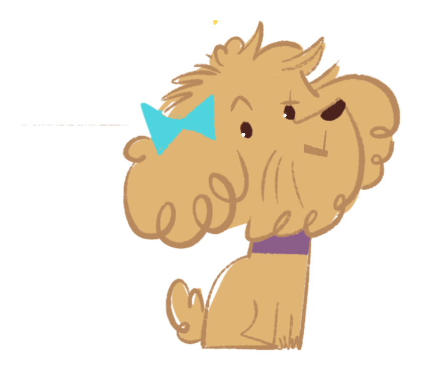 Pup, a scruffy golden dog with a blue bow and purple collar