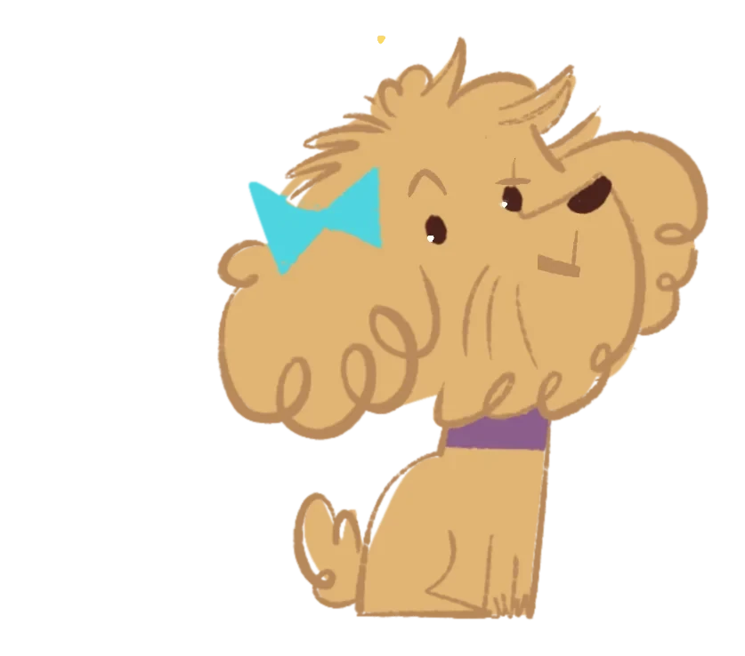 Pup, the scruffy golden dog with a blue bow